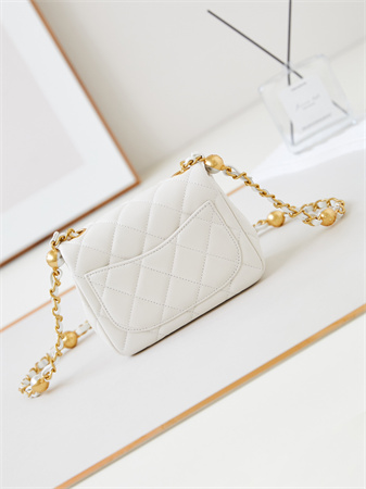 Cha.nel Supermini Flap Bag Lambskin Gold Tone Metal White AS4946