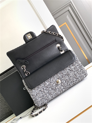 Cha.nel Medium Classic Flap Bag Tweed Gold Tone Metal Grey