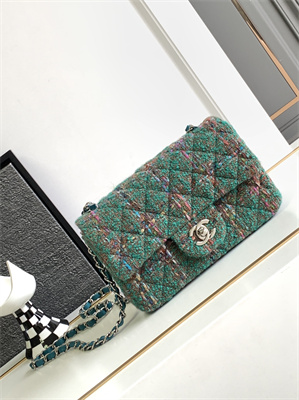 Cha.nel Mini Classic Flap Bag Tweed Gold Tone Metal Green