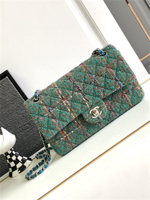 Cha.nel Medium Classic Flap Bag Tweed Gold Tone Metal Green