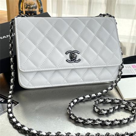 Cha.nel Trendy CC Wallet On Chain So Black In White Lambskin A80982