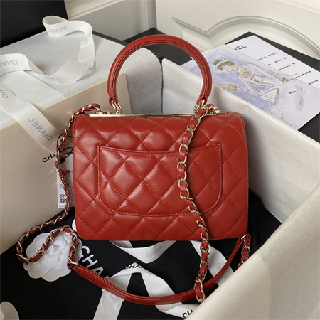 Cha.nel Trendy CC Mini Flap Bag With Top Handle Lambskin Gold Tone Metal Red AS4654
