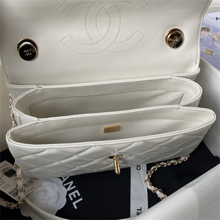 Cha.nel Trendy CC Flap Bag With Top Handle Lambskin Gold Tone Metal White A92236