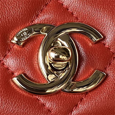 Cha.nel Trendy CC Flap Bag With Top Handle Lambskin Gold Tone Metal Red A92236