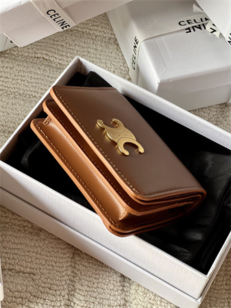 Celine TRIOMPHE COMPACT WALLET in Shiny calfskin Brown