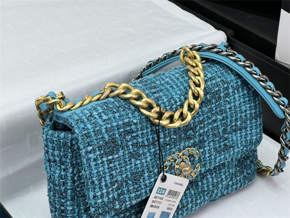 Chanel 19 Bag Tweed Gold Tone Blue AS1160