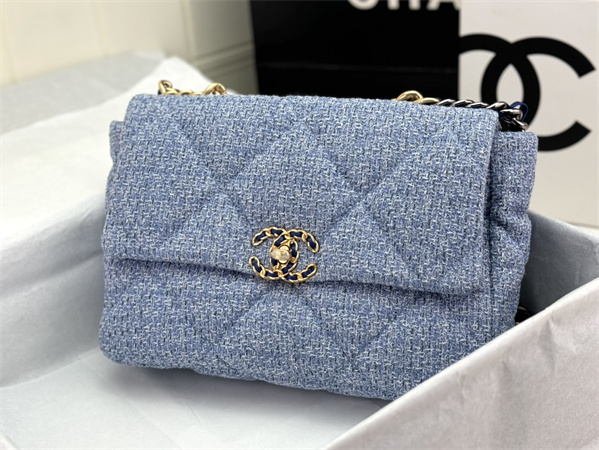 Large Chanel 19 Bag Tweed Gold Tone Blue AS1161