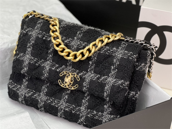 Large Chanel 19 Bag Tweed Gold Tone Black/Grey AS1161