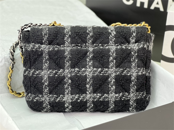 Large Chanel 19 Bag Tweed Gold Tone Black/Grey AS1161