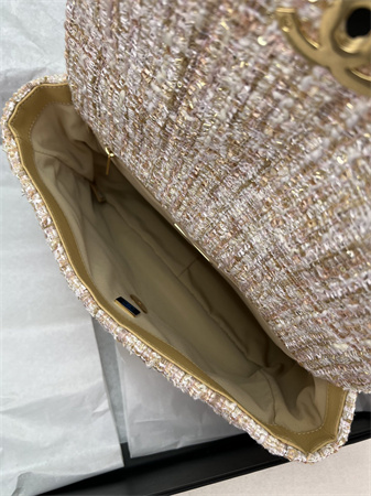 Large Chanel 19 Bag Tweed Gold Tone Beige AS1161