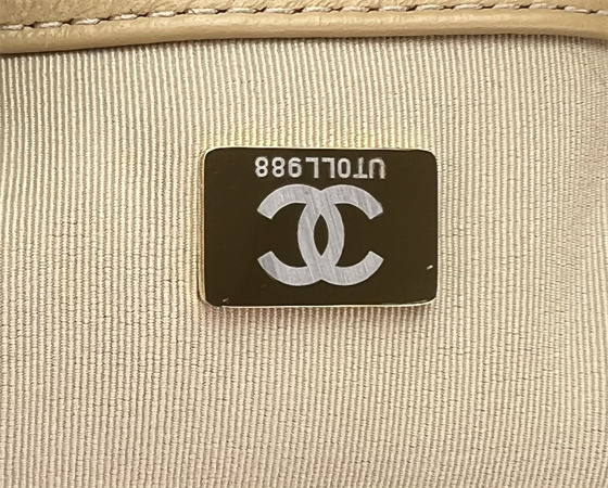 Large Chanel 19 Bag Tweed Gold Tone Beige AS1161
