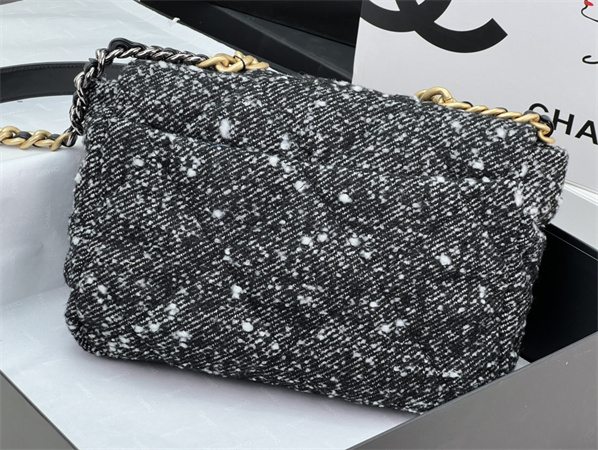 Large Chanel 19 Bag Tweed Gold Tone Black/White AS1161