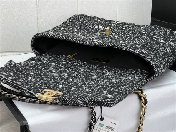 Large Chanel 19 Bag Tweed Gold Tone Black/White AS1161