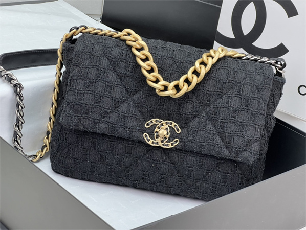 Large Chanel 19 Bag Tweed Gold Tone Black AS1161