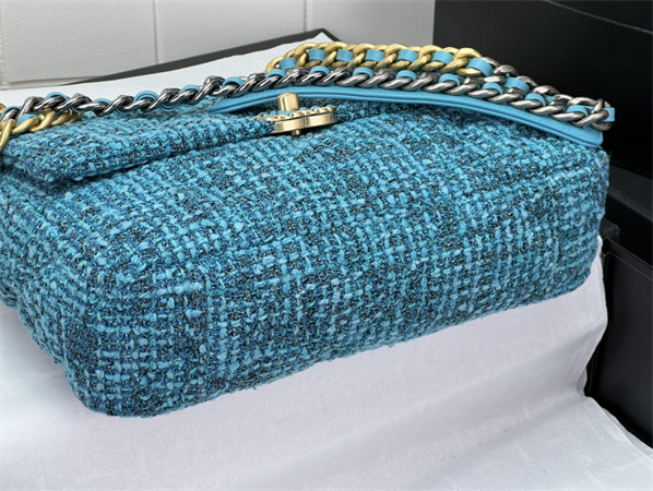 Large Chanel 19 Bag Tweed Gold Tone Blue AS1161