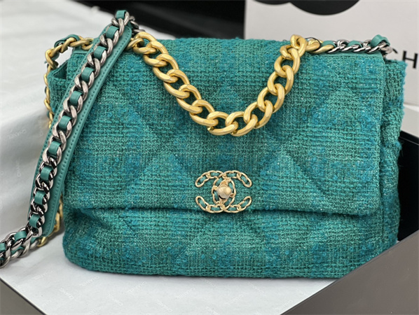 Large Chanel 19 Bag Tweed Gold Tone Green AS1161