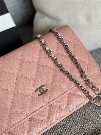 Chanel Wallet On Chain Grained Calfskin Silver Tone Metal Pink AP0250