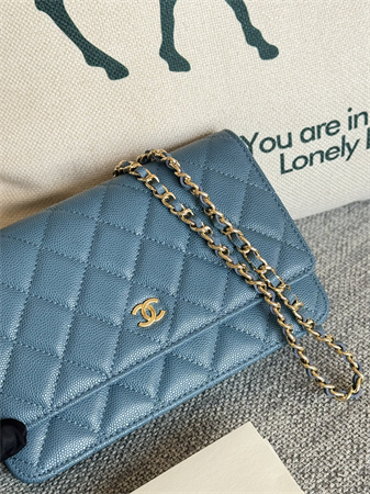 Chanel Wallet On Chain Grained Calfskin Gold Tone Metal Blue AP0250