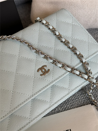 Chanel Wallet On Chain Grained Calfskin Silver Tone Metal Pale Blue AP0250