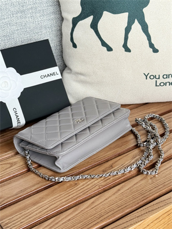 Chanel Wallet On Chain Lambskin Silver Tone Metal Grey AP0250