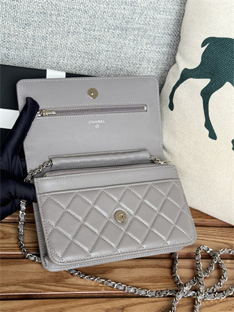 Chanel Wallet On Chain Lambskin Silver Tone Metal Grey AP0250