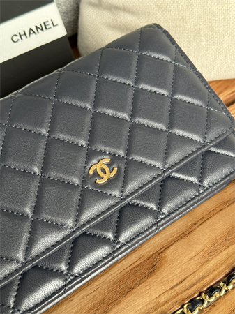 Chanel Wallet On Chain Lambskin Gold Tone Metal Navy AP0250