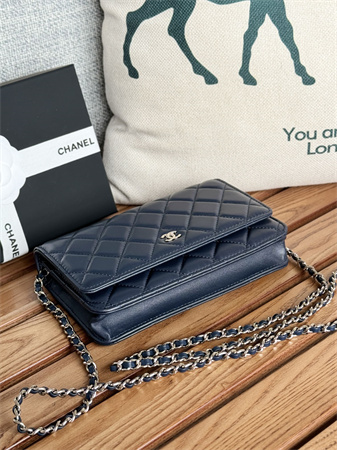 Chanel Wallet On Chain Lambskin Silver Tone Metal Navy AP0250