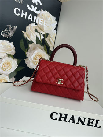 Chanel Small Coco Handle Bag Grained Calfskin Lt Gold Metal Red A92990