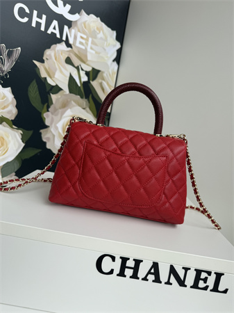 Chanel Small Coco Handle Bag Grained Calfskin Lt Gold Metal Red A92990