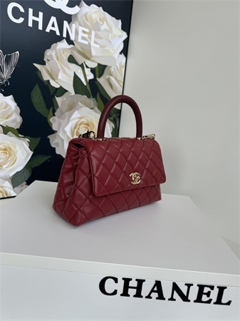 Chanel Small Coco Handle Bag Grained Calfskin Lt Gold Metal Burgundy A92990