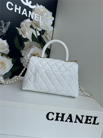 Chanel Small Coco Handle Bag Grained Calfskin Lt Gold Metal White A92990
