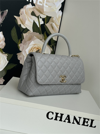 Chanel Large Coco Handle Bag Grained Calfskin Lt Gold Metal Grey A92991