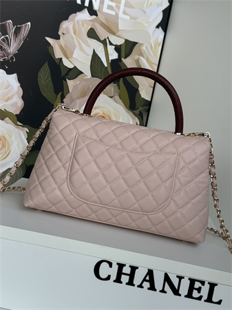 Chanel Large Coco Handle Bag Grained Calfskin Lt Gold Metal Pink A92991