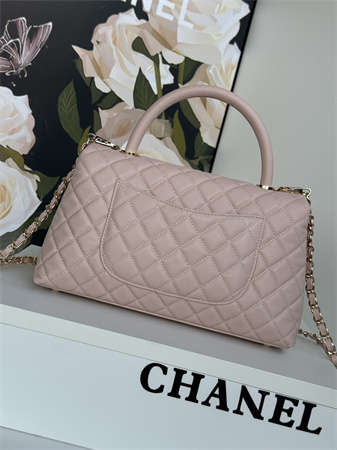 Chanel Large Coco Handle Bag Grained Calfskin Lt Gold Metal Pink A92991