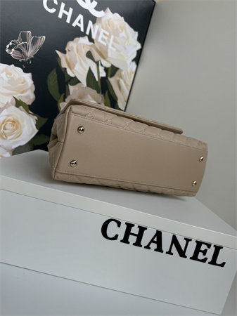 Chanel Large Coco Handle Bag Grained Calfskin Lt Gold Metal Beige A92991