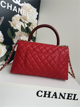 Chanel Large Coco Handle Bag Grained Calfskin Lt Gold Metal Red A92991