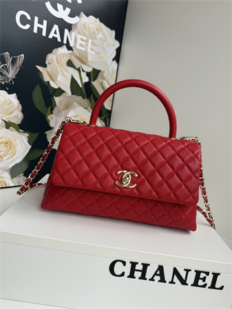 Chanel Large Coco Handle Bag Grained Calfskin Lt Gold Metal Red A92991