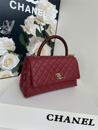 Chanel Large Coco Handle Bag Grained Calfskin Lt Gold Metal Burgundy A92991