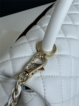 Chanel Large Coco Handle Bag Grained Calfskin Lt Gold Metal White A92991