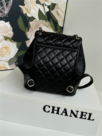 Chanel Duma Backpack  Calfskin Gold Tone Metal Black AS3618