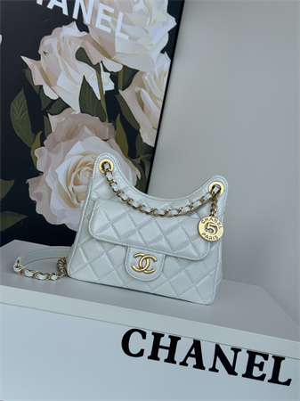 Chanel Small Hobo Handbag Shiny Crumpled  Calfskin Gold Tone Metal White AS4323