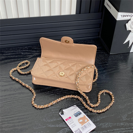Chanel FLAP PHONE HOLDER WITH CHAIN Patent Calfskin Gold-Tone Metal Beige AP3226