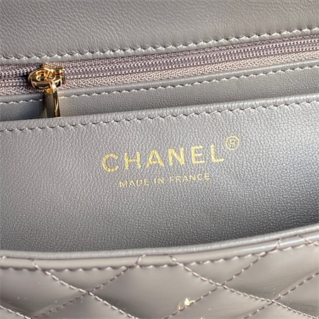 Chanel Mini Flap Bag With Top Handle Patent Calfskin Gold Tone Metal Grey AS2431