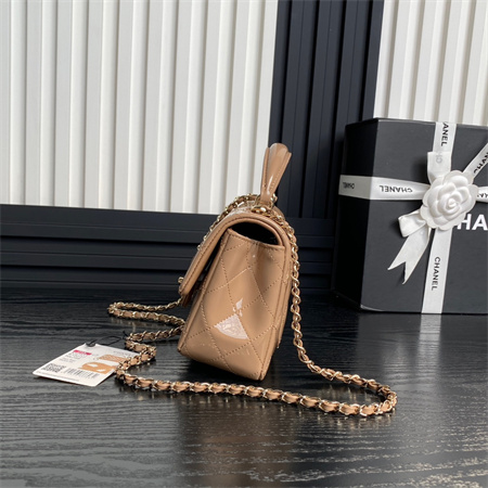 Chanel Mini Flap Bag With Top Handle Patent Calfskin Gold Tone Metal Beige AS2431