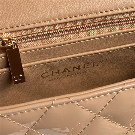 Chanel Mini Flap Bag With Top Handle Patent Calfskin Gold Tone Metal Beige AS2431