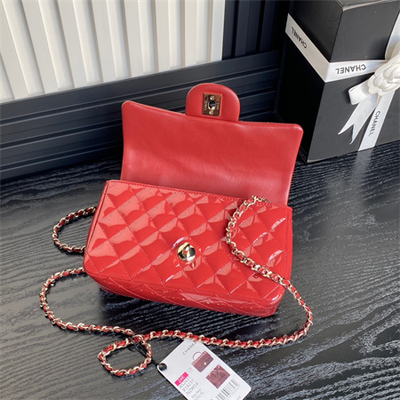 Chanel Mini Flap Bag With Top Handle Patent Calfskin Gold Tone Metal Red AS2431