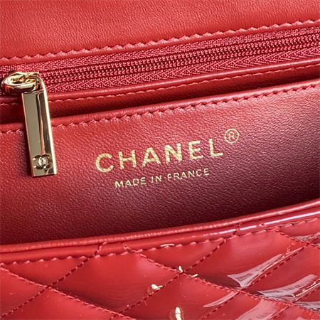 Chanel Mini Flap Bag With Top Handle Patent Calfskin Gold Tone Metal Red AS2431