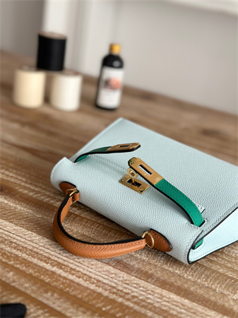 Hermes Kelly Mini II Bag Epsom Leather Blue Brume/Vert Jade/Gold HS