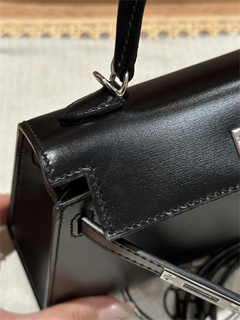 Hermes Kelly Mini II Bag Box Leather Gold/Silver Tone Metal Black HS