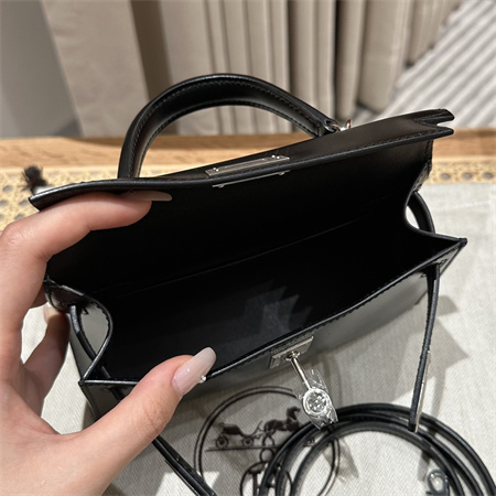 Hermes Kelly Mini II Bag Box Leather Gold/Silver Tone Metal Black HS